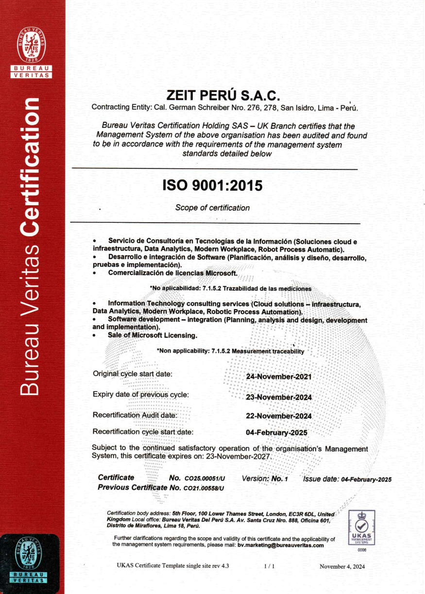 Certificación ISO 9001 de Zeit Perú